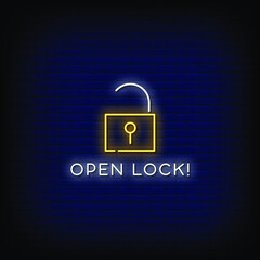 Open Lock Neon Signs Style Text Vector