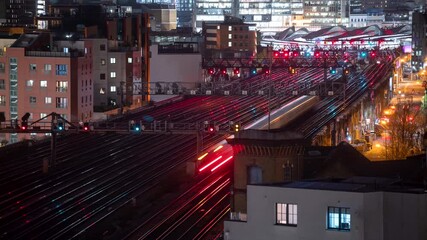 Time Lapse of trains traffic at London Bridge station at night