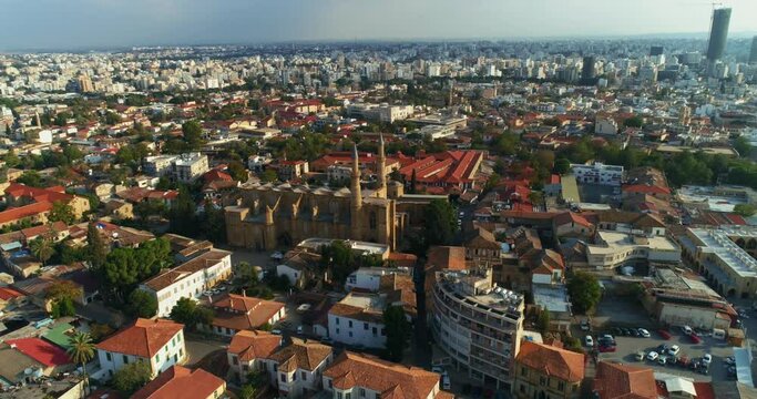 Aerial view of Selimiye Mosque.Hagia Sophia Cathedral, one of the most important gothic monuments on the Cyprus , Lefkosa,. Nicosia 4K.