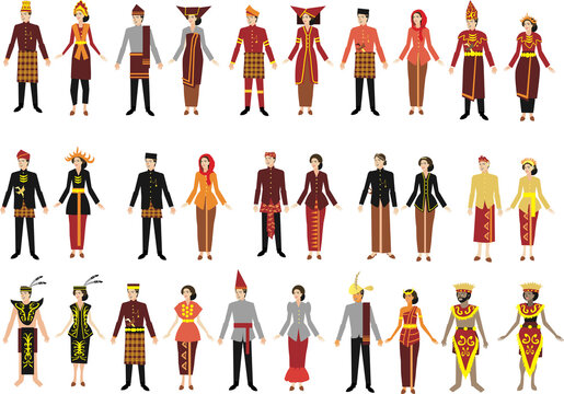 Pakaian Tradisionl Nasional Nusantara, Indonesian couples wearing traditional clothes cartoon , etnic dress set collection -vector
