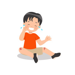 Sad boy crying over his bleeding knee. Accident. Parenting clip art. Flat vector isolated on white.