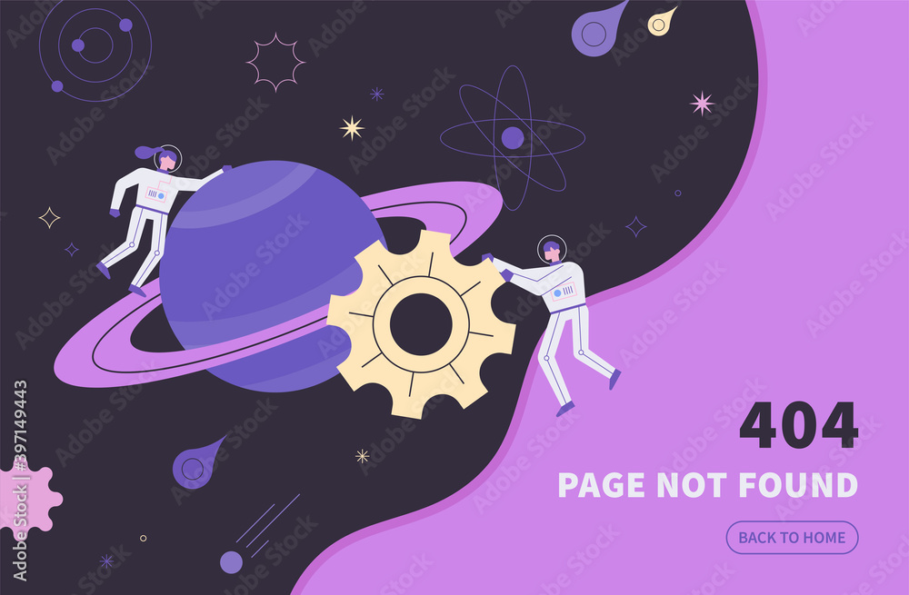 Poster astronauts are swimming in space holding jupiter and gears. webpage 404 error page not found templat