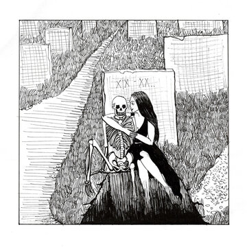Young witch exhumed skeleton, pretty woman on the cemetery holding a corps near the grave. Hand drawn stock raster illustration, sketch.