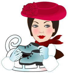 retro illustration with woman skater wearing red hat and fur coat holding skates in her hands, vintage emoticon on white isolated background