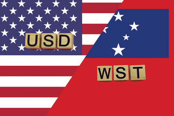 Fototapeta na wymiar USA and Samoa currencies codes on national flags background
