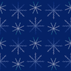 Fototapeta na wymiar New year's design. Seamless background with snowflakes of different colors and sizes. Patterned template for printing on paper or fabric.