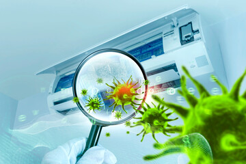 3D simulation of viruses inside the air conditioner filter by showing through a magnifying glass