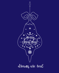Greeting card with Christmas tree ornament and quote merry christmas and snowflakes isolated on blue background. Vector