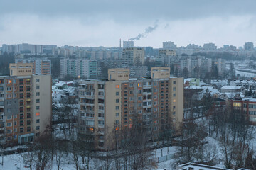 Winter snow fell in the city of Minsk.