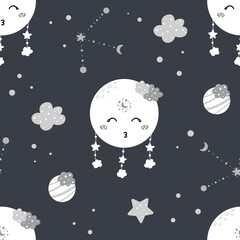 Cute night pattern with sleeping moon, stars, planets and clouds isolated on dark background. Hand drawn Scandinavian style vector illustration for nursery print and design.