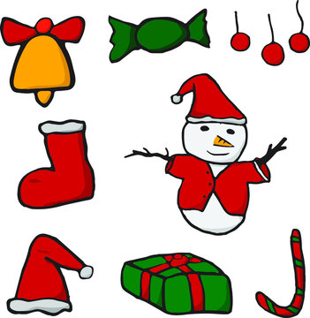 Snowman wearing red clothes and Christmas items.
