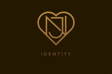 Abstract initials J and N logo, gold colour line style heart and letter combination, usable for brand, card and invitation, logo design template element,vector illustration