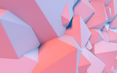 Abstract background with 3D shapes flying in pink and blue light as a messy array or chaotic structure for any pastel backdrop. 3D illustration
