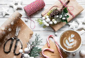 Christmas and happy new year card with cup of coffe