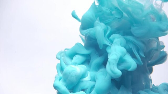 Blue paint drops in water. Isolated footage. Pure white background.