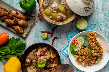 Thai food;Spicy pork leg soup with fried chicken and spicy minced pork