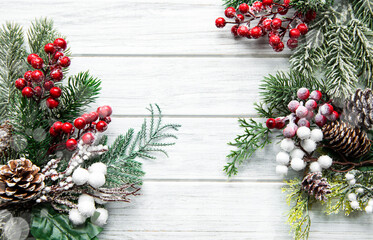 Fototapeta na wymiar Christmas composition with snowy fir branches