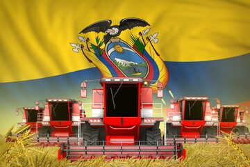 a lot of red farming combine harvesters on grain field with Ecuador flag background - front view, stop starving concept - industrial 3D illustration