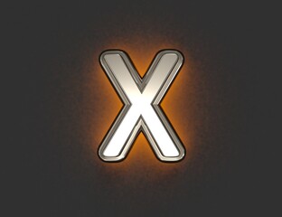 Silver metalline font with outline and yellow noisy backlight - letter X isolated on grey background, 3D illustration of symbols