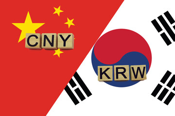 China and South Korea currencies codes on national flags background