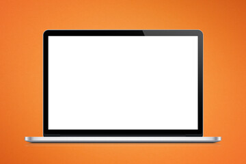 Laptop with blank screen isolated on orange background	