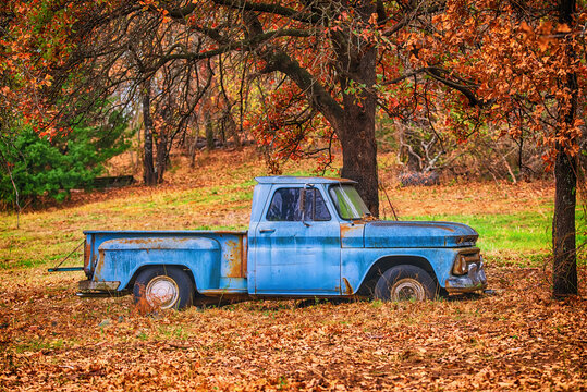 Old, abandoned blue truck surrounded by beautiful fall foliage in autumn