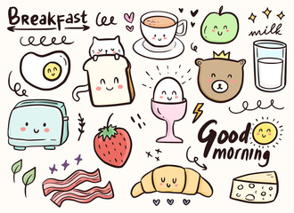 Breakfast cute doodle ornament with cat and food illustration