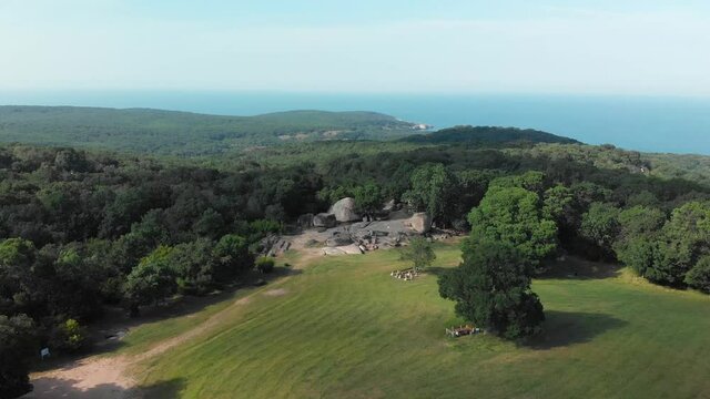 Drone Flying Towards Beglik Tash In Primorsko, Burgas Province, Bulgaria - Aerial