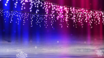 Obraz premium Christmas festive garlands on a dark background, bokeh. Reflection of lights in the snow. Empty abstract party background. Night view of the decorated street. 3d illustration