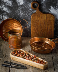 still life with nuts and rustic crockery