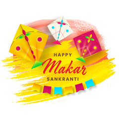 Happy Makar Sankranti Text With Colorful Kites And Bunting Flags On Brush Stroke Effect Background.