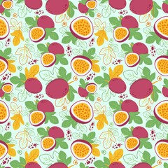 Ripe passionfruit, fruit slices and leaves on a pale blue background. Digital illustration in a modern style. Ripe passionfruit seamless pattern. Fruits pattern for home textile and woman clothes.