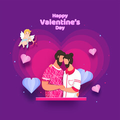 Cupid Attacking Gay Couple Character With Paper Cut Hearts On Pink And Purple Background For Happy Valentine's Day.