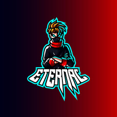 Mascot esport character logo gaming black jacket costume ninja modern with mask. Logo gaming for team squad.