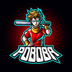 Mascot esport fighter character logo gaming red costume with baseball bat. Logo gaming for team squad.