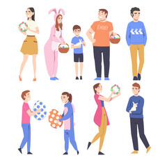 Happy People Celebrating Easter Set, Men, Women and Kids Holding Decorated Eggs, Flower Wreaths Cartoon Style Vector Illustration