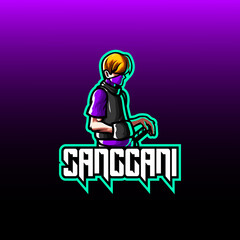 Mascot esport fighter character logo gaming black purple costume with sword. Logo gaming for team squad.