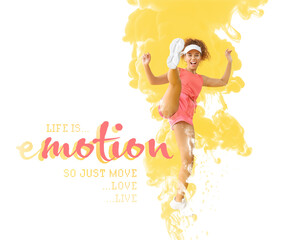 Young African-American woman doing aerobics and splash of paint on white background
