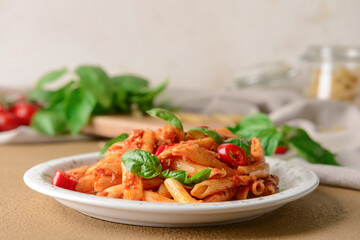 Plate of delicious penne pasta with tomato sauce on table