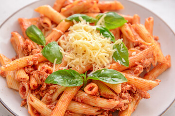 Plate of tasty penne pasta with tomato  sauce, closeup