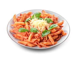 Plate of penne pasta with tomato sauce on white background