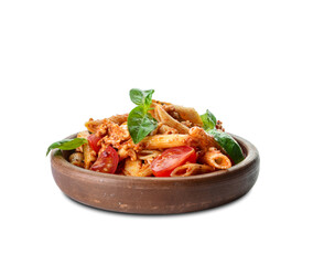 Plate of penne pasta with tomato sauce on white background