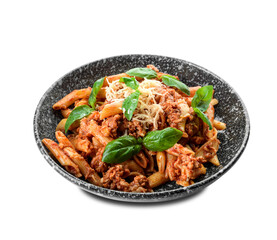Plate of penne pasta with tomato sauce on white background