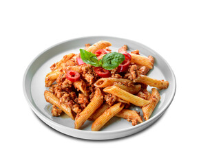 Plate of penne pasta with tomato sauce on white background
