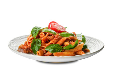 Plate of penne pasta with tomato sauce on white background