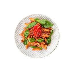 Plate of penne pasta with tomato sauce on white background
