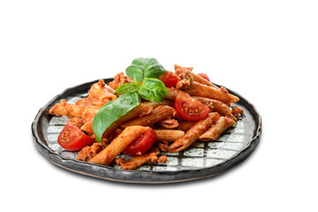 Plate of penne pasta with tomato sauce on white background