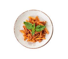 Plate of penne pasta with tomato sauce on white background