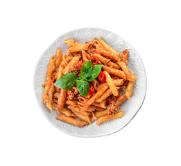 Plate of penne pasta with tomato sauce on white background