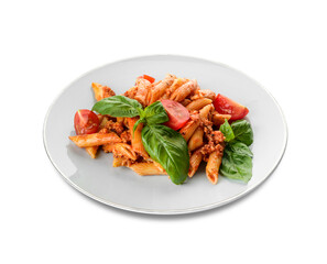 Plate of penne pasta with tomato sauce on white background
